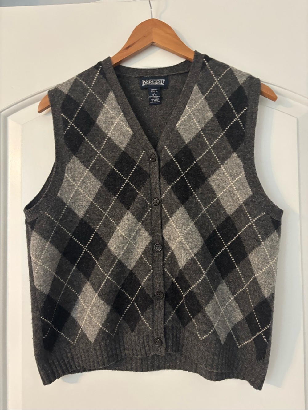 Vintage Lands' End Women's 100% Lambswool Argyle Cardigan Sweater Vest Medium